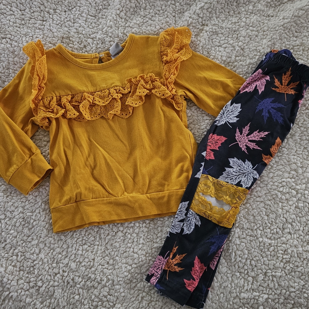 Kids Yellow and Black Leaf Print Matching Set